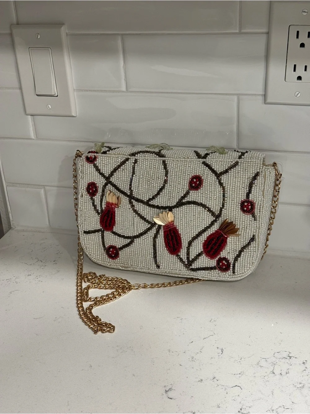 Beaded Floral & Bird Embellished Crossbody with Gold Chain Hummingbird and Seed